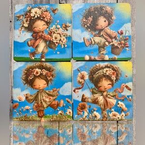 Handmade Whimsical Spring Girls 4” Wood Coasters Set of 4 Cottagecore Decor